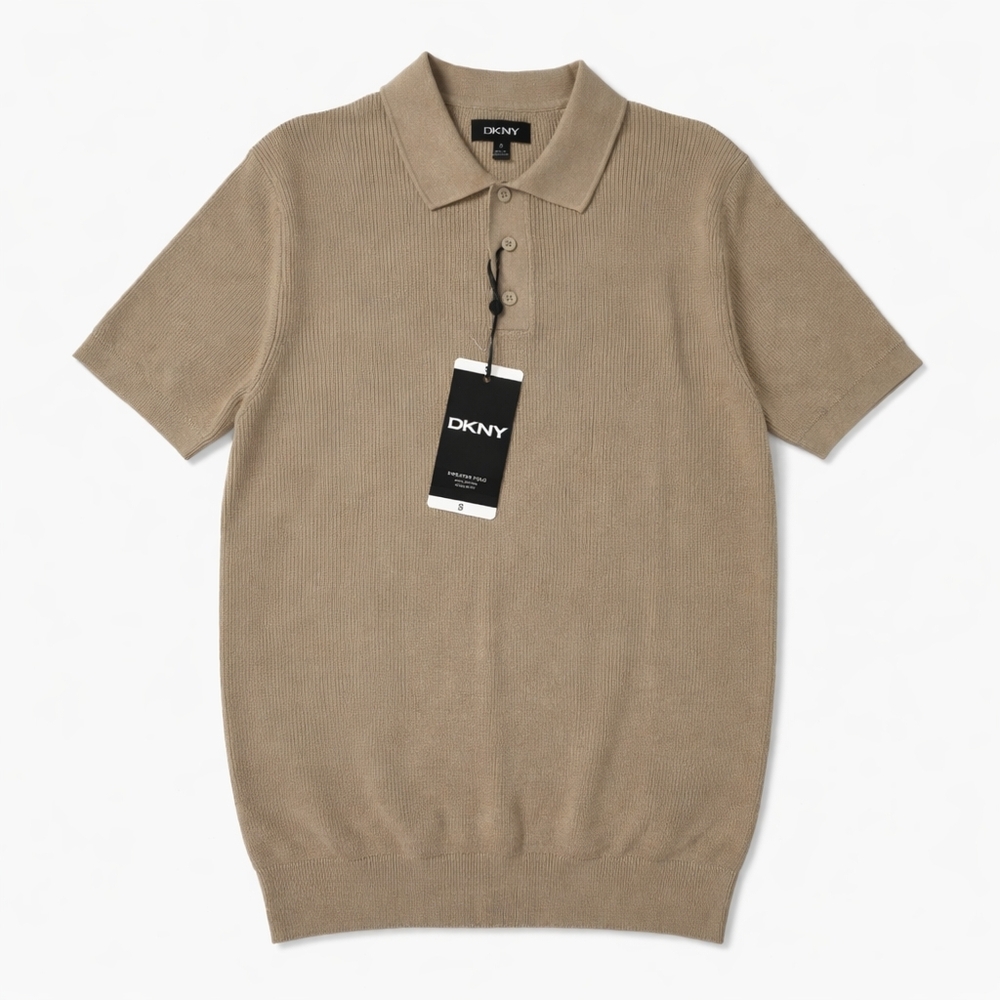 DKNY Men's Knit Polo Sweater Shirt Size S Cream 100% Cotton Short Sleeve NWT...